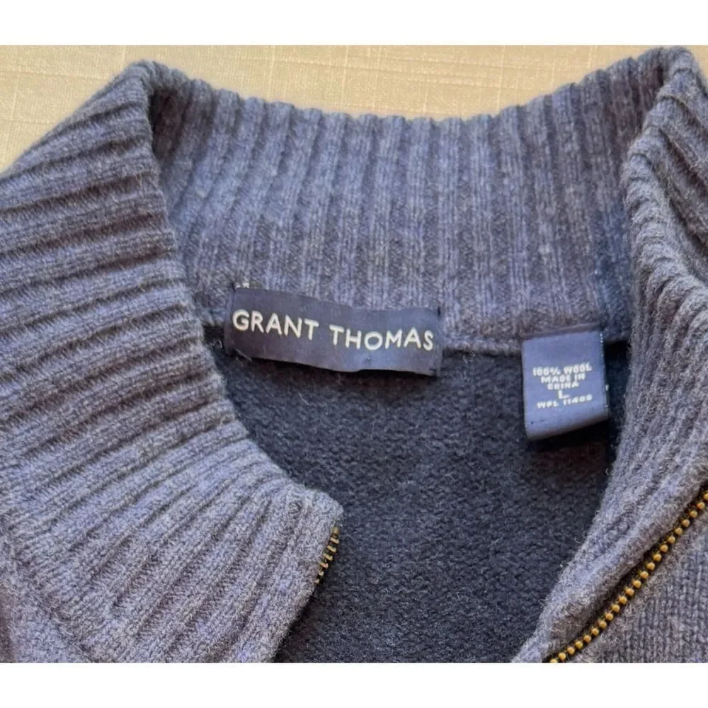 Grant Thomas Wool Sweater Men's L Blue Gray 1/4 Zip Mock Neck Pullover